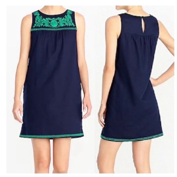 J. Crew Dresses & Skirts - J Crew linen embroidered shift dress, navy and‎ green, with pockets XS, bohemian